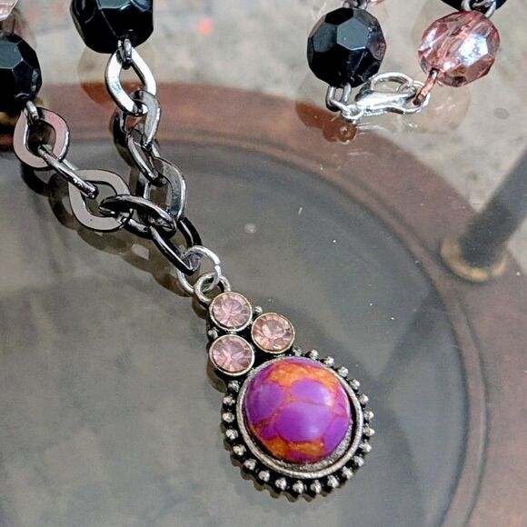 Y2K Pink and Black Crystal Whimsygoth Necklace - Picture 2 of 4